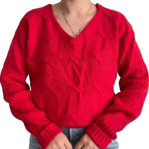 Vintage 90s Womens The Limited Cherry Red Angora Blend Cable V Neck Sweater Sz M - Picture 1 of 10